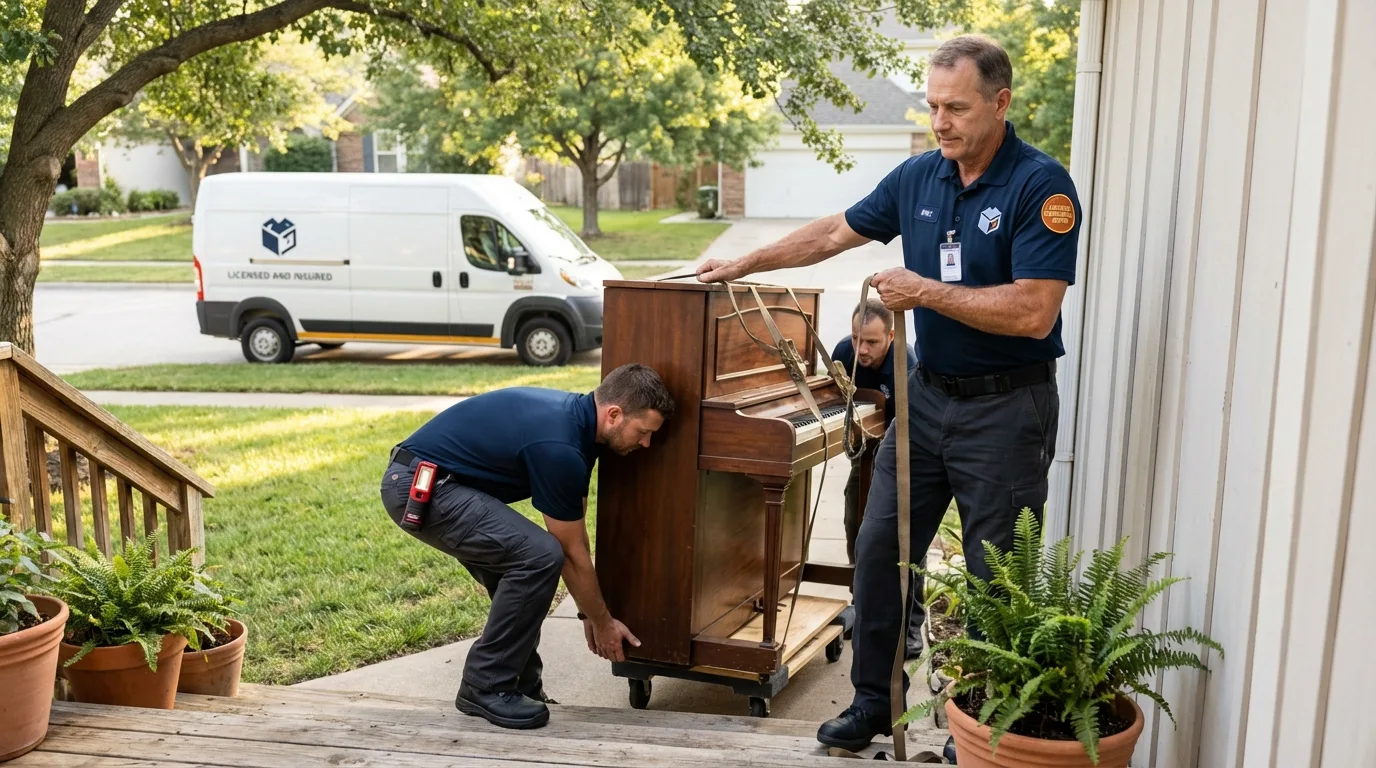 Licensed piano movers securing grand piano in Rose Hill, NC