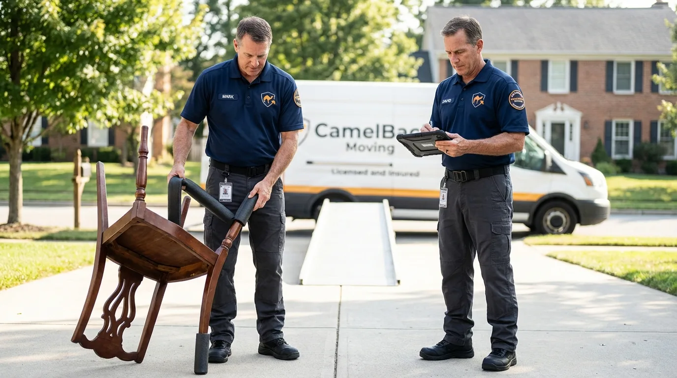 Movers inspecting furniture for damage prevention before loading in Rose Hill, NC