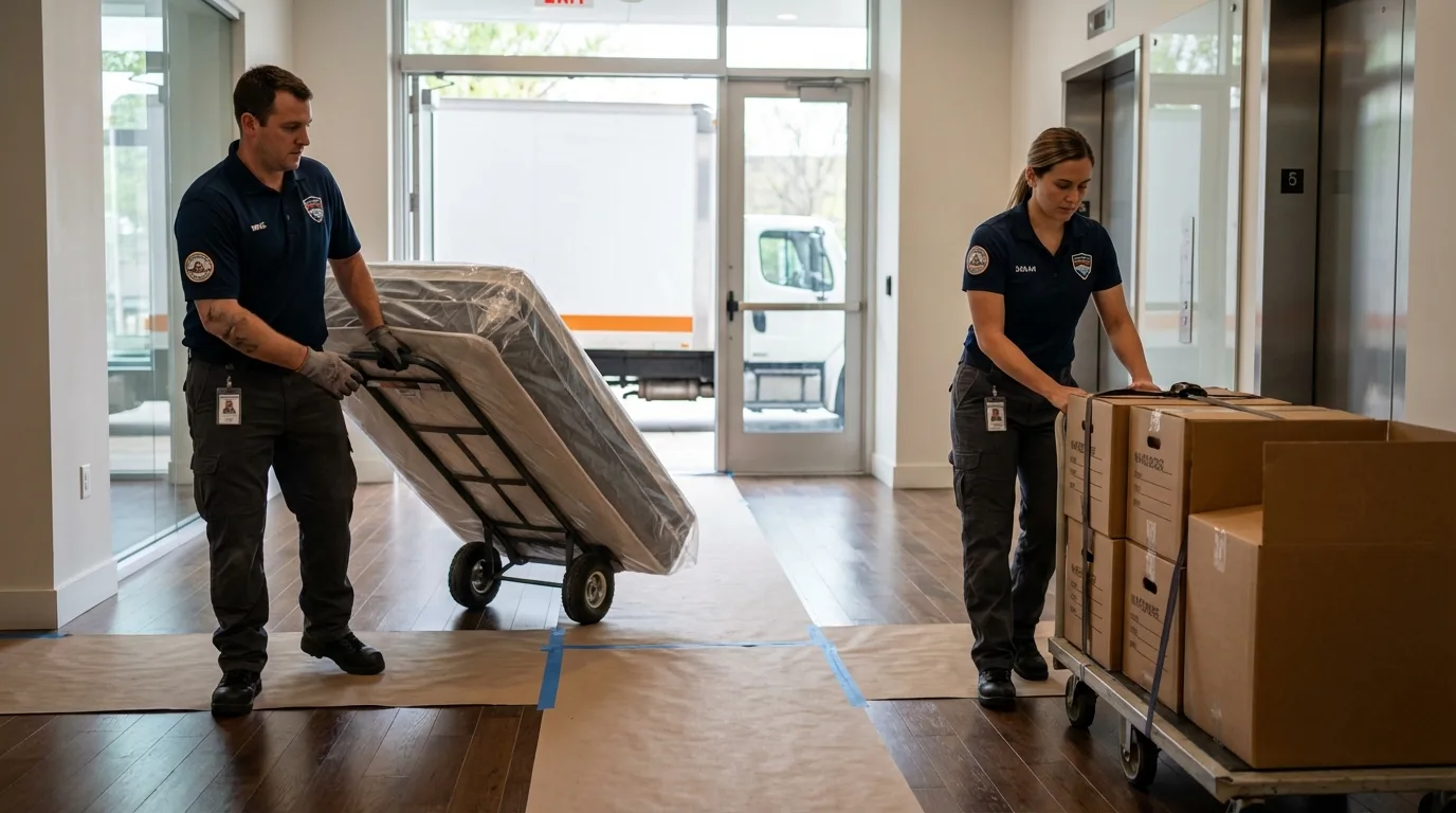 Professional apartment movers loading elevator in Rose Hill, NC